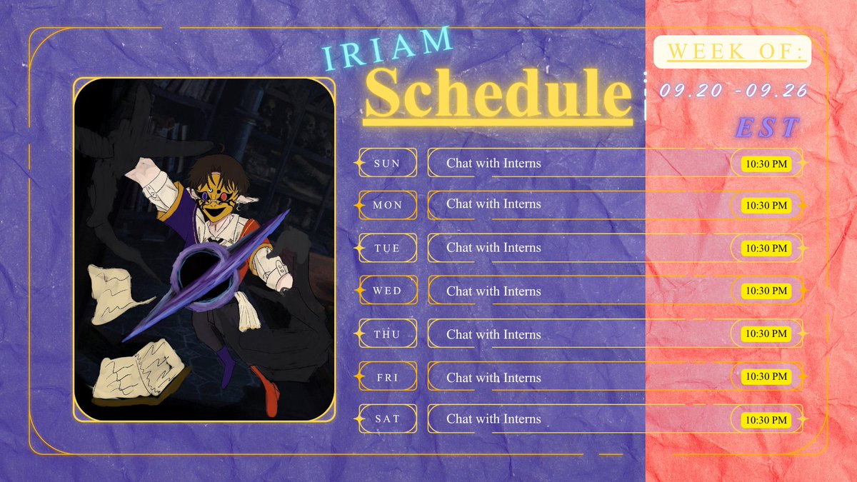 Gimmelsh's tweet photo. Quickly thew this thing down, but I'm gonna have to spent time learning Canva. Tomorrow I'm going to have to make a new week schedule thing since it's the 26th. I need to have something else other than "Chatting with Interns". Thank God there are Canva stream schedule templates. https://t.co/264AZHJ7TA