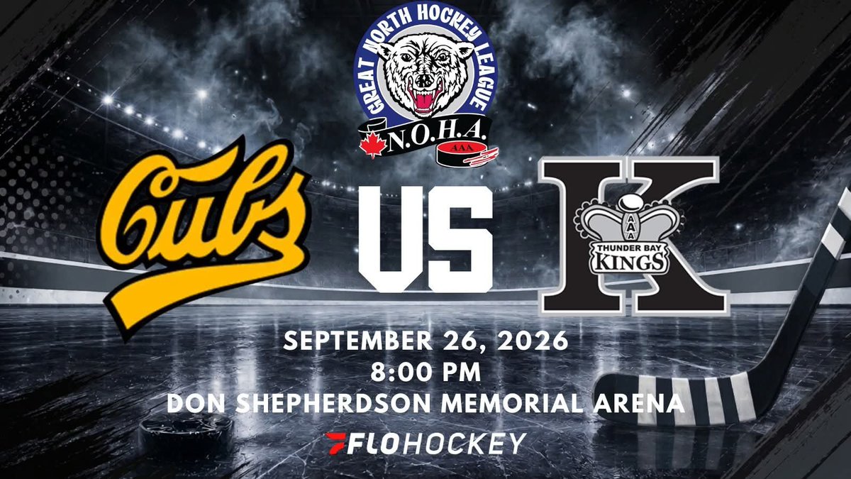 GreatNorthHL's tweet photo. 📆 September 26, 2026
⏰ 8:00 PM
📍Don Shepherdson Memorial Arena - New Liskeard

New Liskeard Cubs VS @ThunderBayKings

Watch live on @FloHockey: https://t.co/YpwzSv8p6n…

#gnhl #aaahockey #hockey #northernhockey
#northernontario #newliskeard #cubs #thunderbay #kings https://t.co/EZ4qxMsEnK