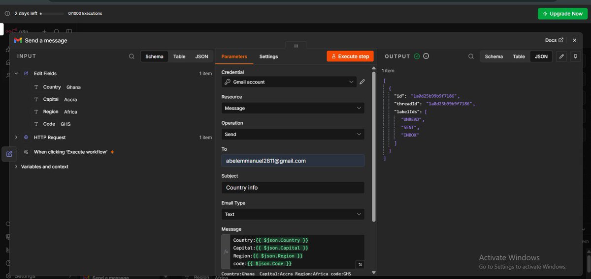 EmmanuelMartia's tweet photo. Day 9 🚀
Created a n8n workflow that receives an API response with the help of @HavilahAcademy 
#Automation #SIWES https://t.co/jdSB2uWsQV
