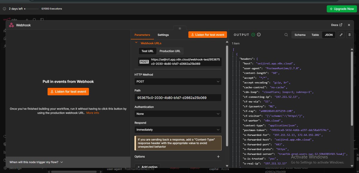 EmmanuelMartia's tweet photo. Day 9 🚀
Created a n8n workflow that receives an API response with the help of @HavilahAcademy 
#Automation #SIWES https://t.co/jdSB2uWsQV