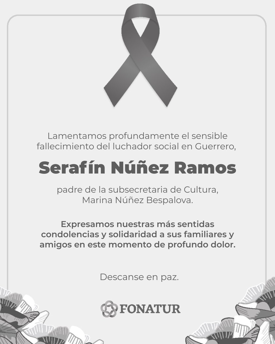 FonaturMX's tweet photo. Lamentamos profundamente el sensible fallecimiento del luchador social Serafín Núñez Ramos.

Expresamos nuestras más sentidas condolencias y solidaridad a sus familiares, amistades y a las comunidades que acompañó a lo largo de su vida.

Descanse en paz. https://t.co/NjcjsTCZgm