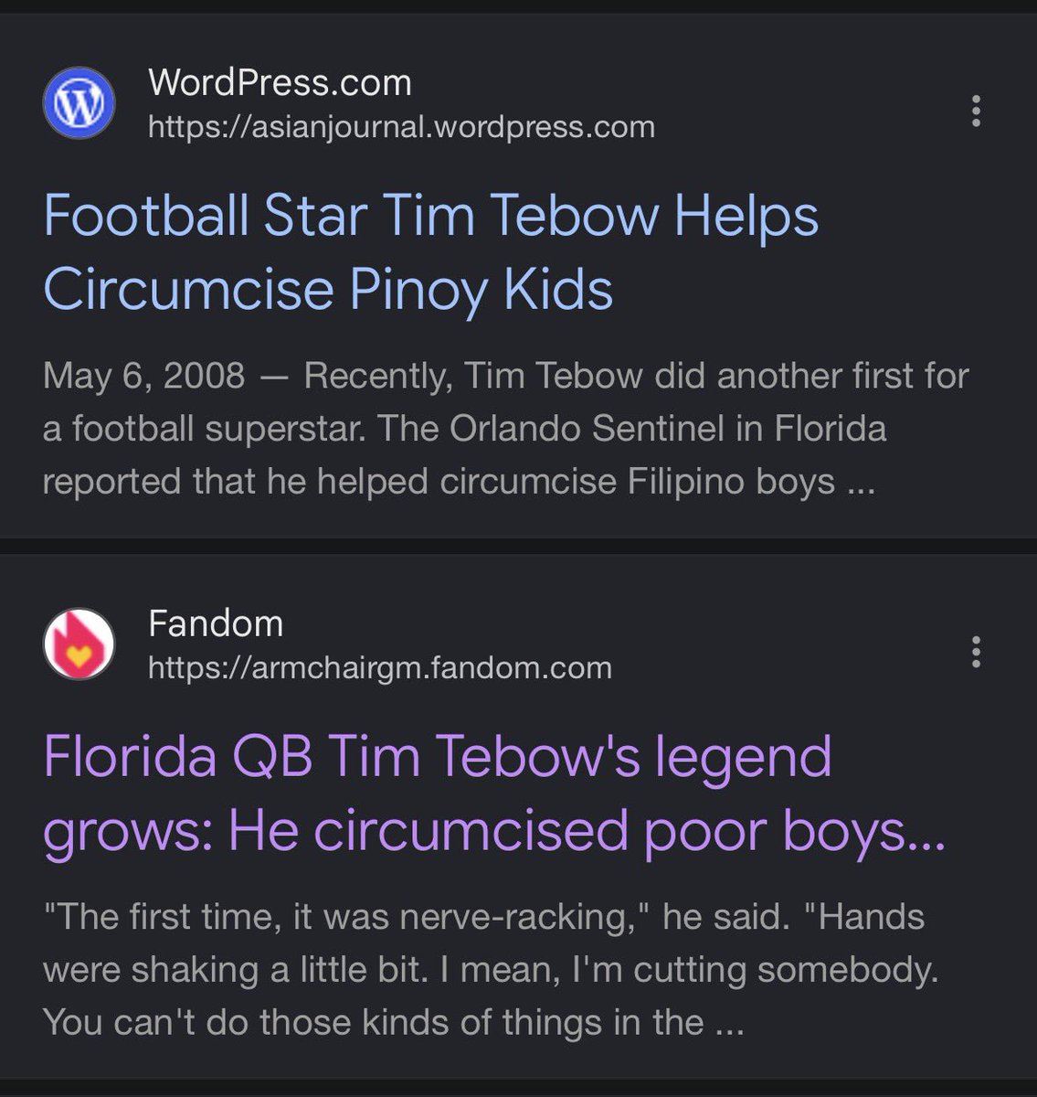 ChuckFeesecake's tweet photo. @AnthonysTown @PabloTorre Tim tebow is a weirdo who participated in circumcisions in the Philippines. I'm sure the people there are thrilled with his contributions 😂 https://t.co/36oFAF8BYU
