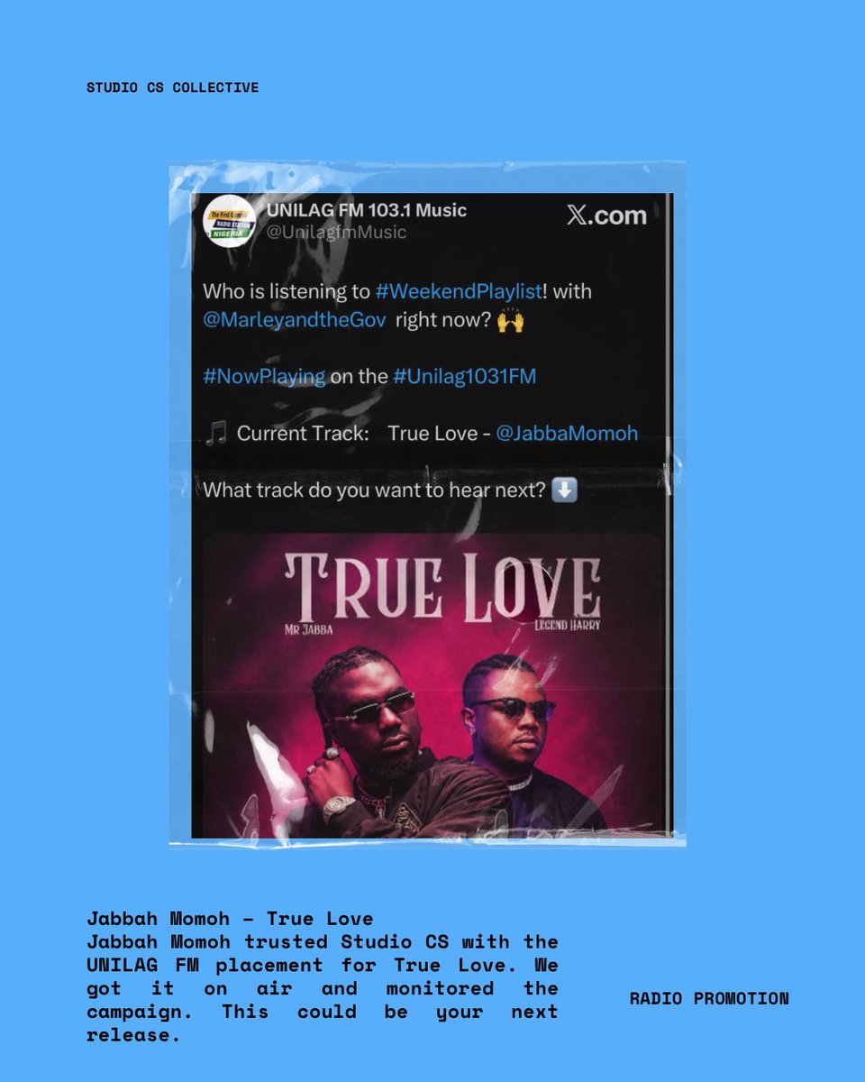 StudioCSCollect's tweet photo. Dewusi. 
Oluwa Millar. 
Jabba Momoh. 
All trusted us with their releases.

Your turn. DM us to get on radio, secure online media placements j and put the release in front of the right audience. https://t.co/PJmvA0WDp3
