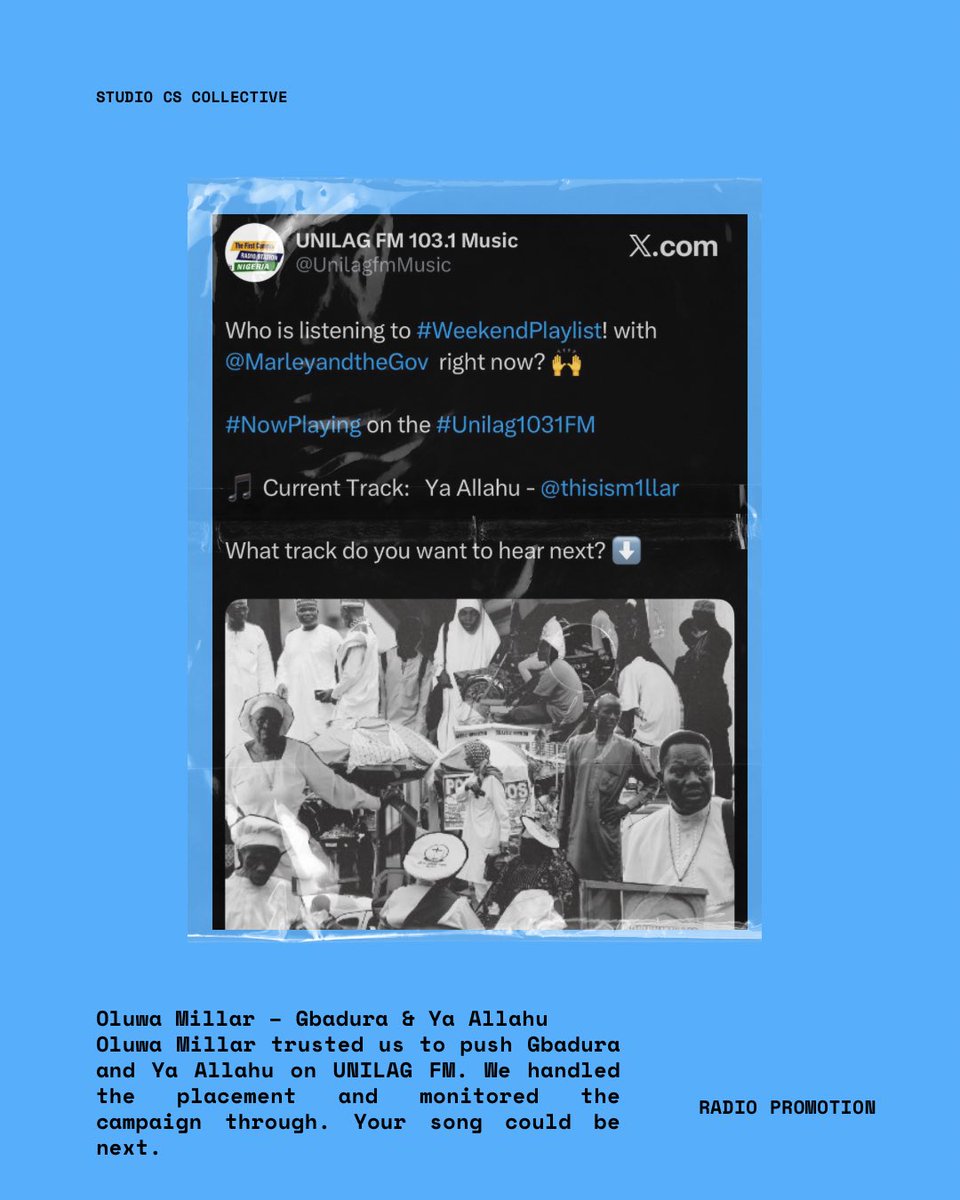 StudioCSCollect's tweet photo. Dewusi. 
Oluwa Millar. 
Jabba Momoh. 
All trusted us with their releases.

Your turn. DM us to get on radio, secure online media placements j and put the release in front of the right audience. https://t.co/PJmvA0WDp3