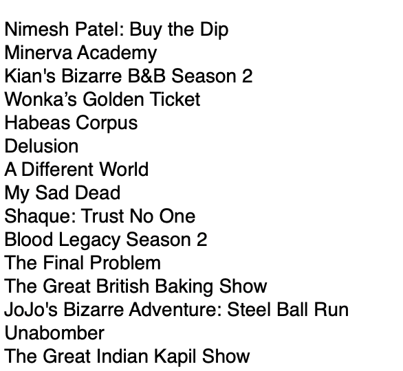 okaydo's tweet photo. @adventureofelsa @kaijucat_ Netflix has to constantly pump out content.

Here are all the titles that have premiered on Netflix since Tuesday. https://t.co/VDta4P9SwH