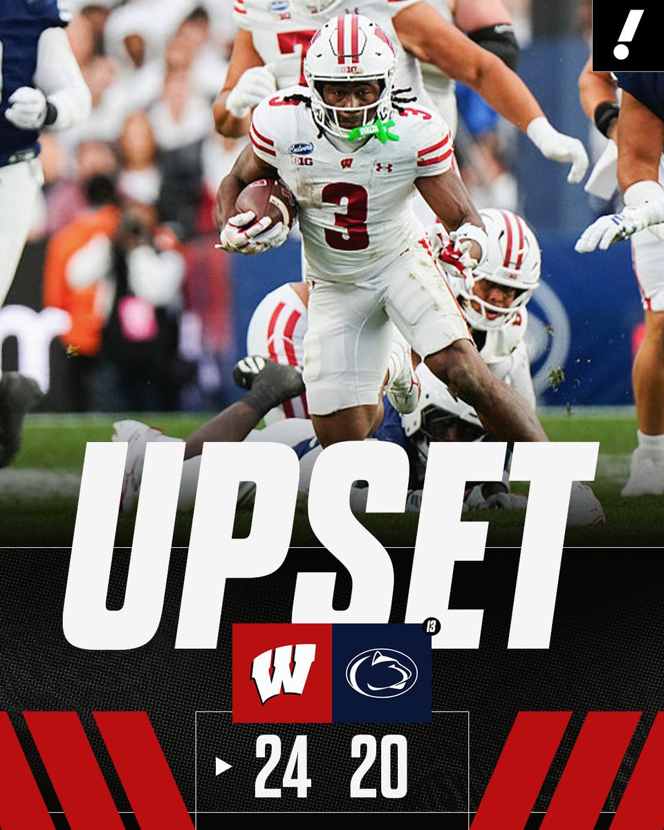 YahooSports's tweet photo. WISCONSIN KNOCKS OFF NO. 13 PENN STATE 24-20 😤

Luke Fickell picks up his biggest win yet as head coach of the Badgers. https://t.co/BwLCFZuN2a