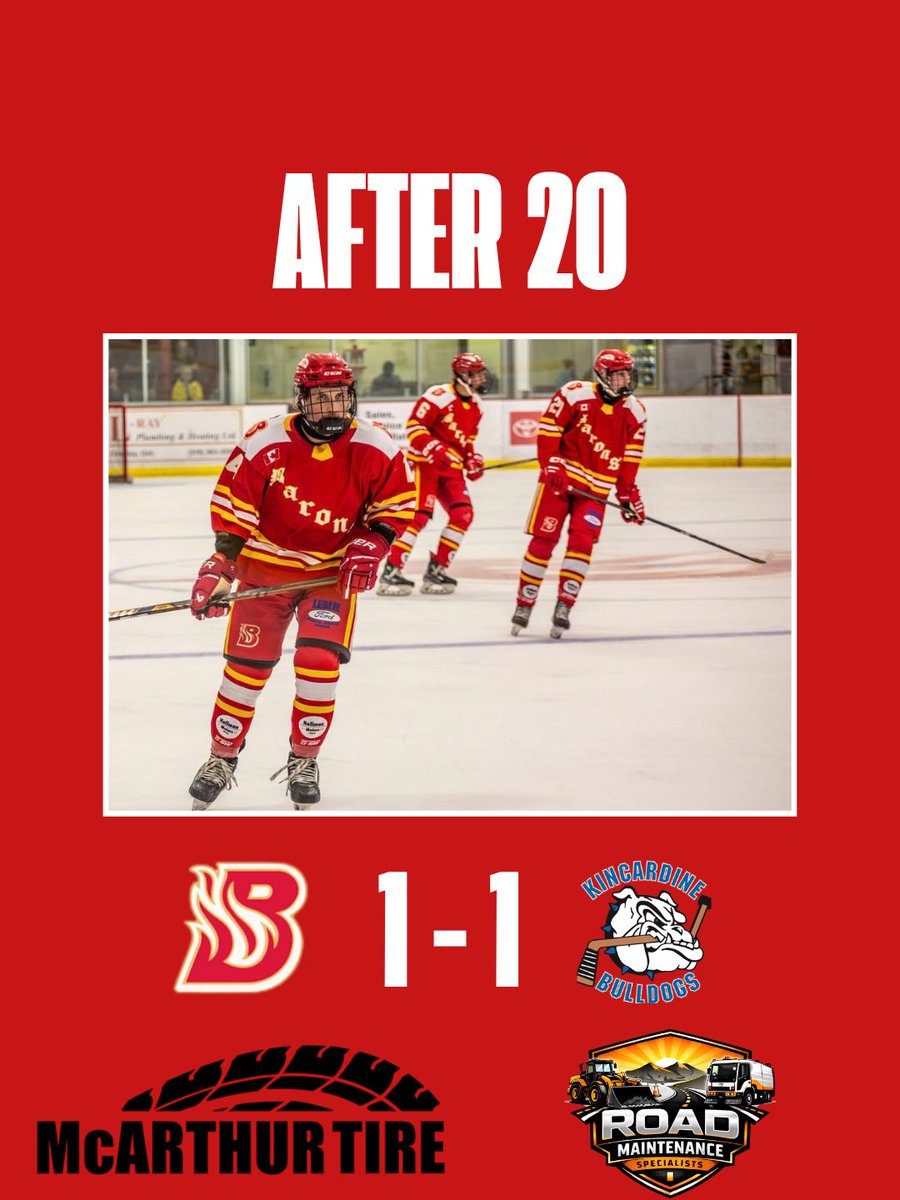 HanoverBarons's tweet photo. The B’s and the Kincardine Bulldogs are tied after the first period. 

Thanks to tonight’s game sponsor Road Maintenance Specialists! https://t.co/QDUMaXuExm