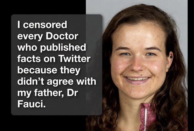 myhiddenvalue's tweet photo. Dr. Fauci’s daughter Allison worked for Twitter and silenced anyone who spoke up against the Covid Scam… https://t.co/vrSX9tJ2Iv