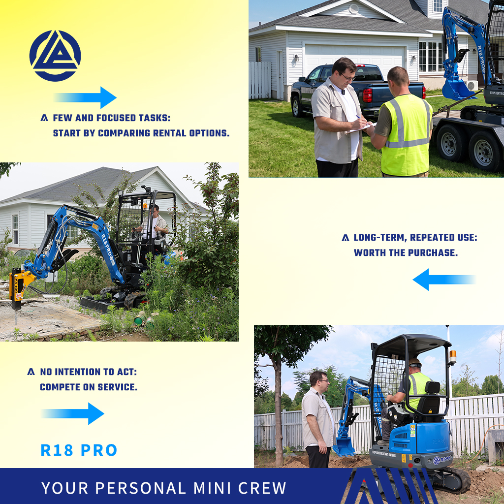 RippaMachinery's tweet photo. Buy or rent?

Start with how you actually use the machine.

A few focused projects? Compare rental.

Repeated long-term use? Compare ownership.

Also consider availability, maintenance and storage.

Choose for your real workload—not just the price.

#RIPPA #MiniExcavator https://t.co/u2cDSyklu7