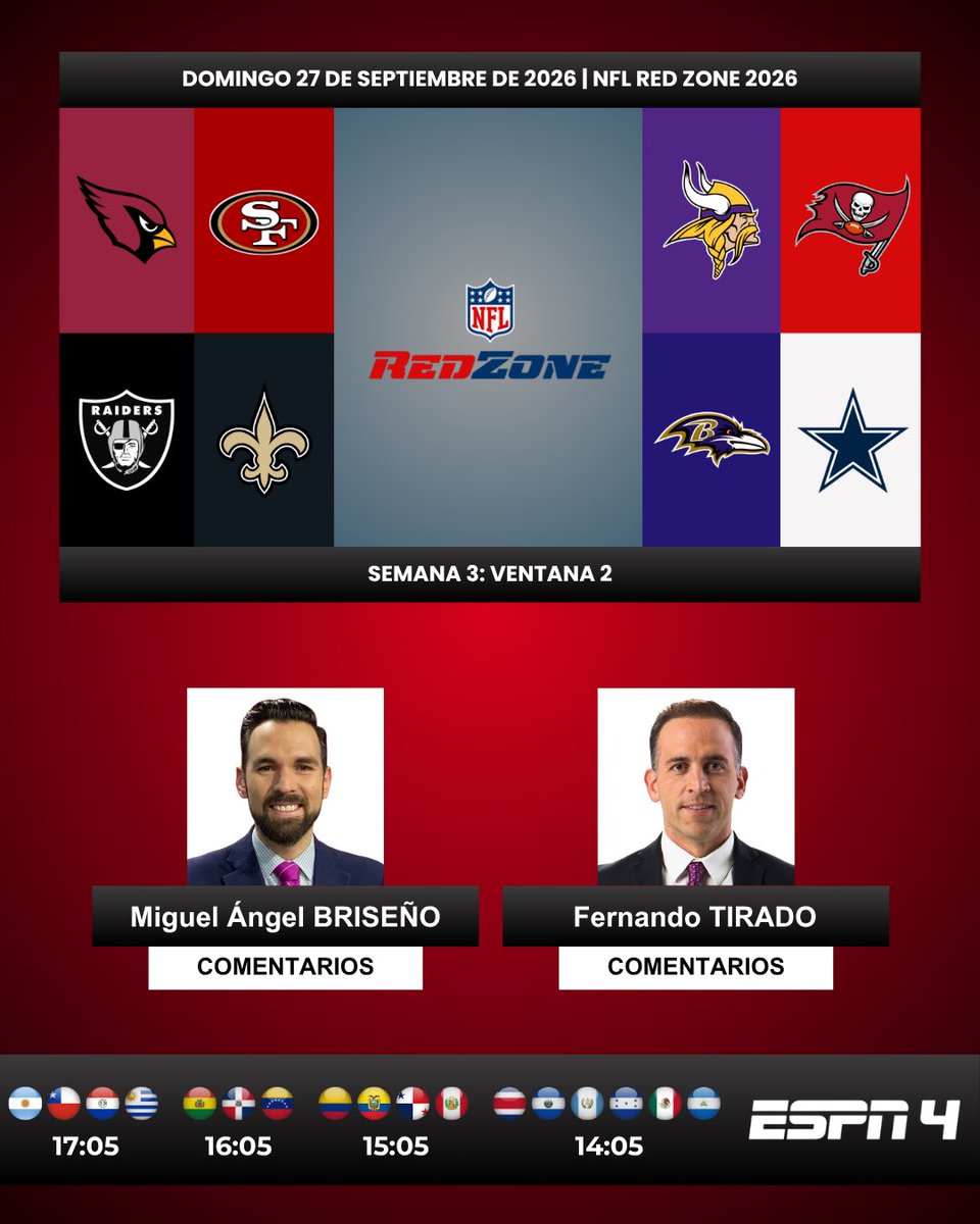 ProgramacionUS's tweet photo. 🏈 #NFL | #NFLRedZone: Semana 3 - Ventana 2
🎙️Comentarios: @MiguelAngelBris - @fer_tirado
📺 #ESPN4 Latinoamérica
💻📱@disneyplusla Latinoamérica
#️⃣ #NFLxESPN - #NFLRedZone https://t.co/s6fp8jJiUs