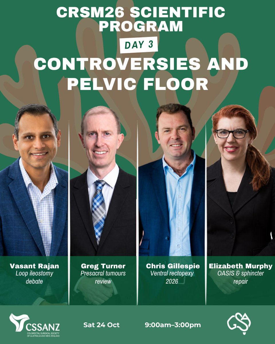 CSSANZORG's tweet photo. The CRSM26 scientific program is now live — three days of sessions covering the breadth of colorectal surgery, alongside workshops and our AGM. Full program: https://t.co/pVRq24hnZd @GeneralSurgAus https://t.co/FyKmCBqFln