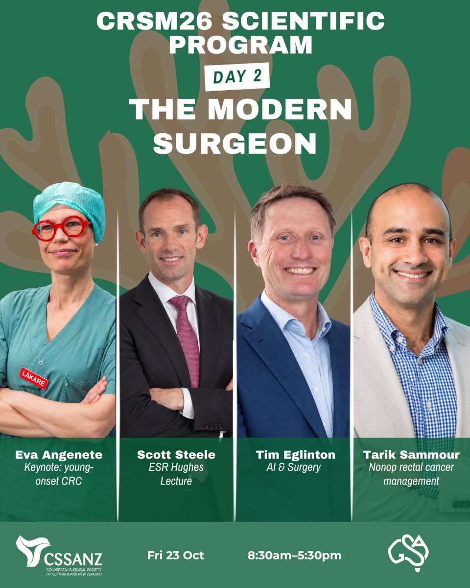 CSSANZORG's tweet photo. The CRSM26 scientific program is now live — three days of sessions covering the breadth of colorectal surgery, alongside workshops and our AGM. Full program: https://t.co/pVRq24hnZd @GeneralSurgAus https://t.co/FyKmCBqFln