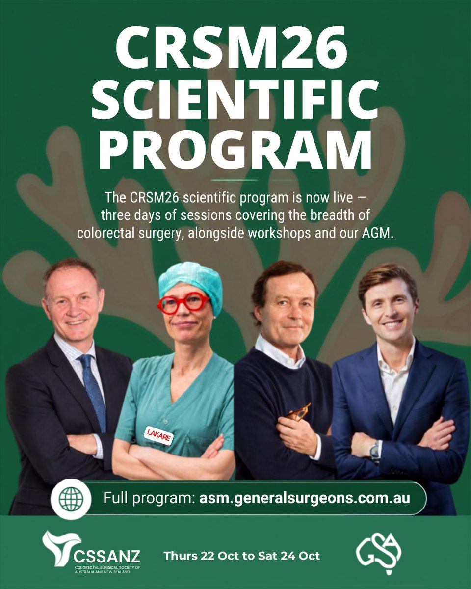CSSANZORG's tweet photo. The CRSM26 scientific program is now live — three days of sessions covering the breadth of colorectal surgery, alongside workshops and our AGM. Full program: https://t.co/pVRq24hnZd @GeneralSurgAus https://t.co/FyKmCBqFln