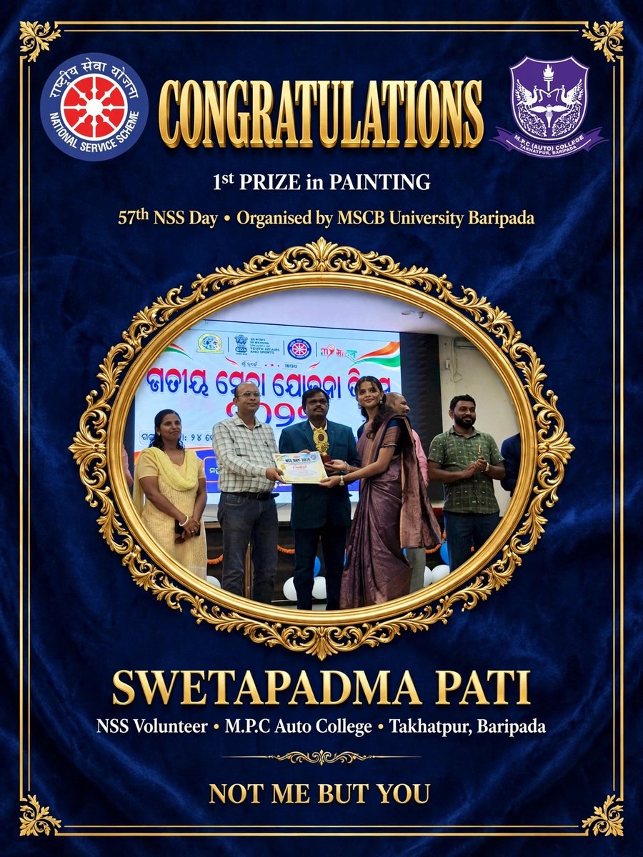 mpcautonsswing's tweet photo. Proud Achievement! Our NSS Volunteers Ms. Swetapadma Pati and Ms. Adyasha Beshra secured 1st Prize in Painting and Extempore respectively at the 57th NSS Day, M.S.C.B University, Baripada. Congratulations! https://t.co/6GL4uA5BEJ