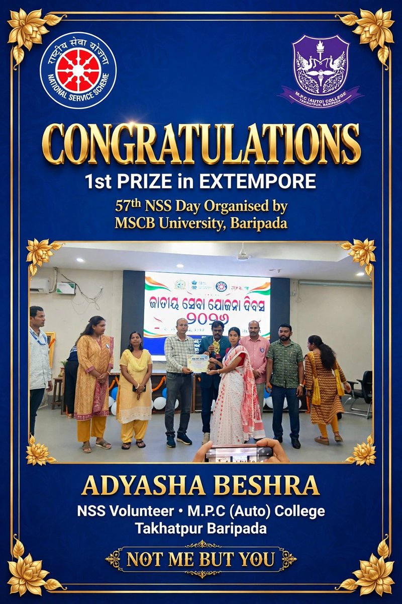 mpcautonsswing's tweet photo. Proud Achievement! Our NSS Volunteers Ms. Swetapadma Pati and Ms. Adyasha Beshra secured 1st Prize in Painting and Extempore respectively at the 57th NSS Day, M.S.C.B University, Baripada. Congratulations! https://t.co/6GL4uA5BEJ