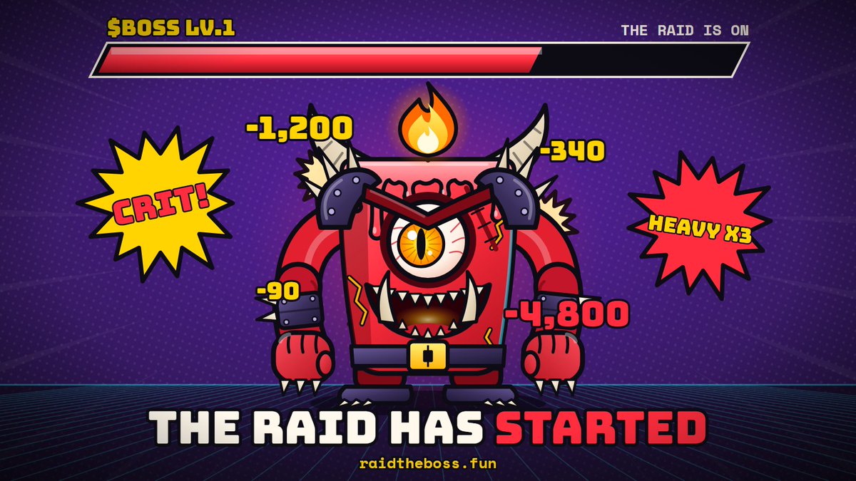 RaidTheBossPons's tweet photo. the raid has started.

LV.1 is taking hits. every buy chips its HP bar. every sell heals it.

who lands the first K.O.?

https://t.co/IHtByoneuL https://t.co/cKeu3oQpY3