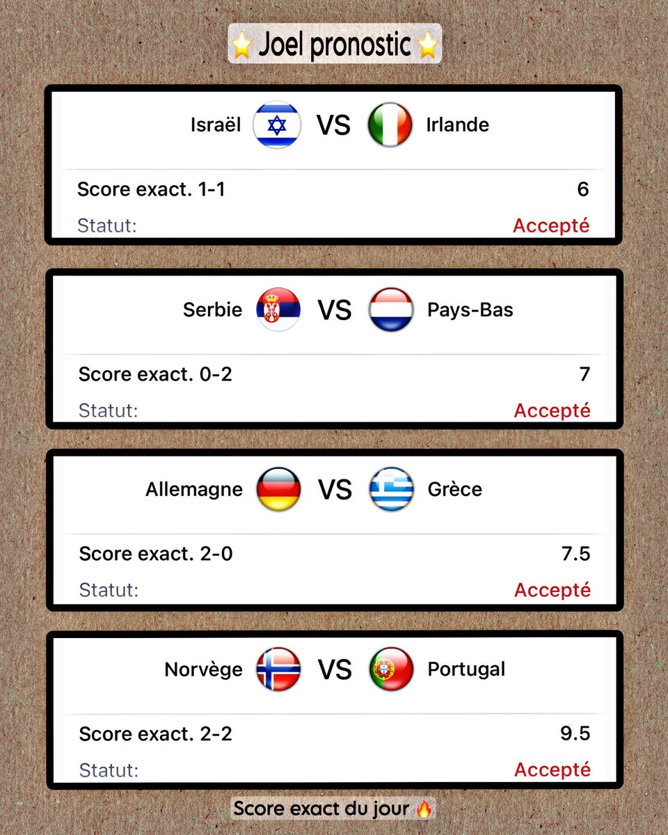 JoelPronos's tweet photo. 🔥 SCORE EXACT DU JOUR — 4 ÉQUIPES ⚽

🎯 4 matchs sélectionnés
💎 4 scores exacts
📊 Analyse &amp; sélection du jour
🚨 Objectif : trouver les bons scores ! https://t.co/Gtcrwbqcsw