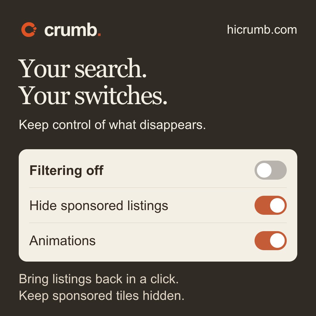 sacrosaunt's tweet photo. sometimes you want everything back. sometimes you just want the sponsored tiles gone.

crumb gives those separate switches. https://t.co/BrcFUjfeXk