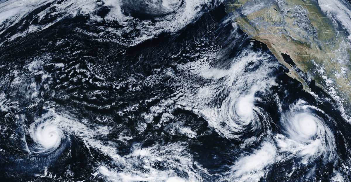 UpperSoda's tweet photo. Wild look from GOES 18 with three hurricanes - Nolo, Odalys and Polo (and a fourth one forming!). Polo is going to rampage through the center of Baja California in a couple days. https://t.co/RhkZnFsTWK