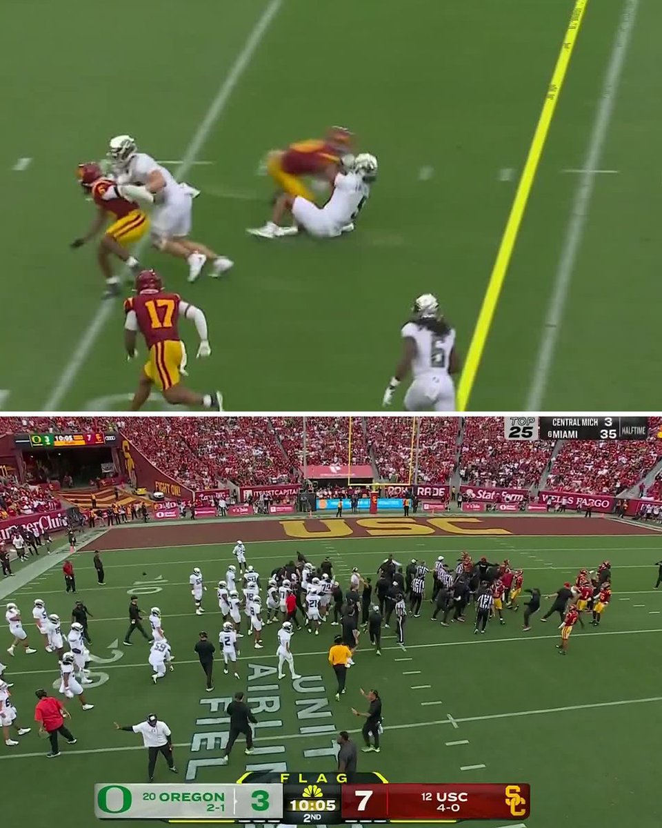 espn's tweet photo. Dante Moore had to be carted off the field after this hit.

Both teams had to be separated following the play. https://t.co/eLFc2tTlUA