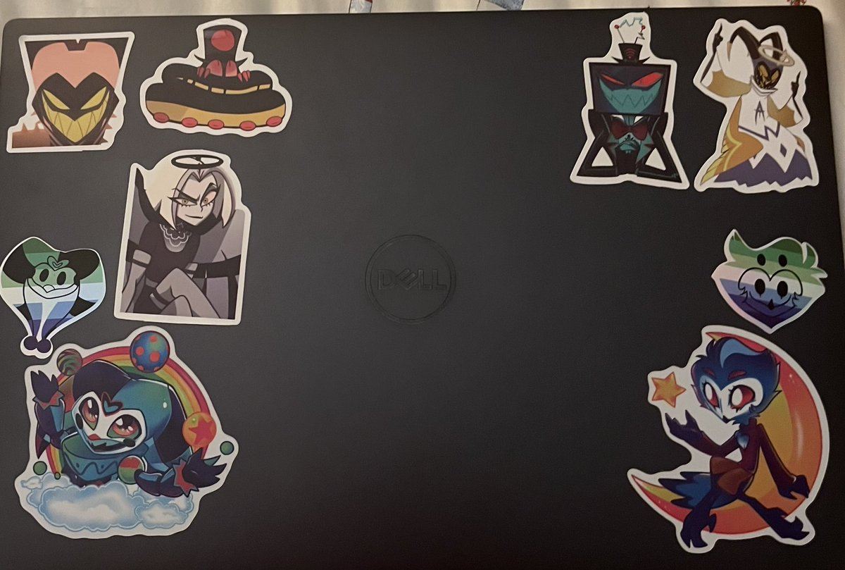 weirdfish6291's tweet photo. I got some stickers for my laptop. I think it looks nice 😊  I also bought the stickers for the helluva tarot merch drop so when those get here I will put them on. Will  take a bit because my order has a lot of the pre order stuff in it https://t.co/MImEluueUq
