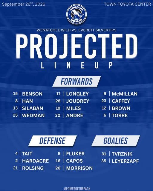 WHLwild_'s tweet photo. TIME FOR A REMATCH.
Here's the lineup for tonight as your Wild welcome the @WHLsilvertips in just a half hour!
#PowerOfThePack https://t.co/T6z8NjyRbN