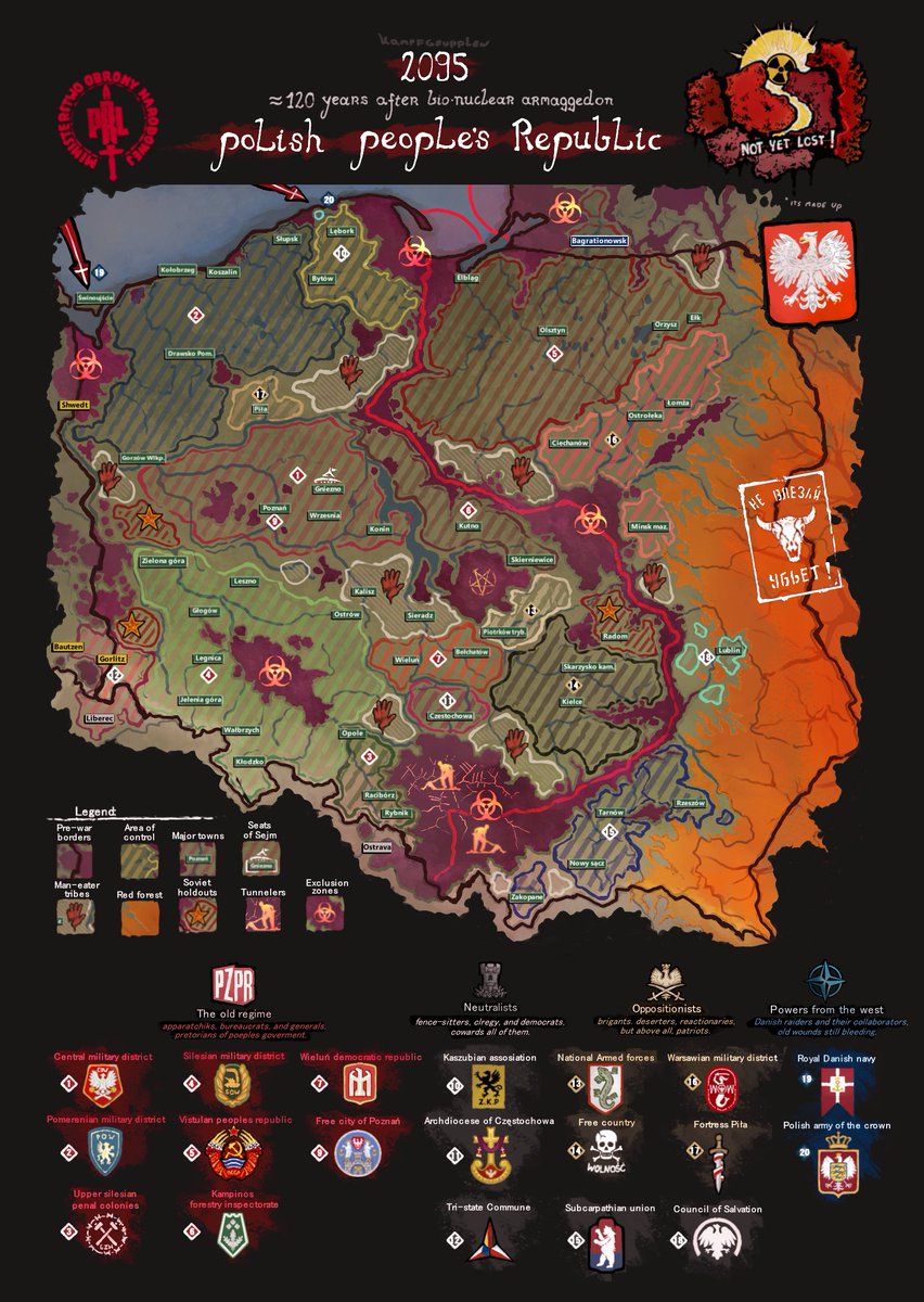 CEOofWarEconomy's tweet photo. Not Yet Lost: state of afaris as of 01.05.2095

Its been over a century since west unleashed its fury upon these lands, and still Socialist system refuses to finally die.

a map of the medievallistic post-post-apo setting i create and occasionally draw.
it is a work, of fiction. https://t.co/TdTRwFRzyZ