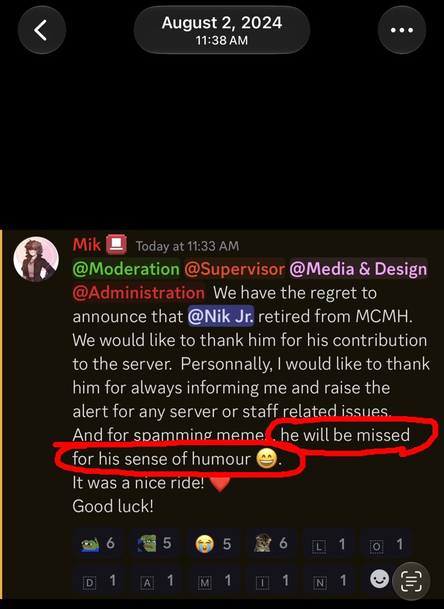SimplyBurning's tweet photo. @alexxxis98765 @xLodada @mc_manhunt So, his "memes" were apparently funny when he was a supervisor. The space you created was completely fine with the content of the memes he sent.

So what's with the double standard now?

Why is Mik "missing" the exact memes you posted? https://t.co/lxPcNvMlIo