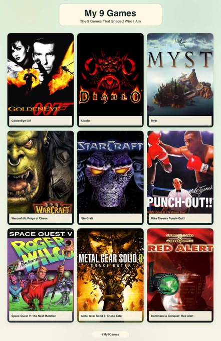 A collage titled 'My 9 Games - The 9 Games That Shaped Who I Am' featuring game covers including GoldenEye 007, Diablo, Myst, Warcraft III: Reign of Chaos, StarCraft, Mike Tyson's Punch-Out!!, Space Quest V: The Next Mutation, Metal Gear Solid 3: Snake Eater, and Command & Conquer: Red Alert.