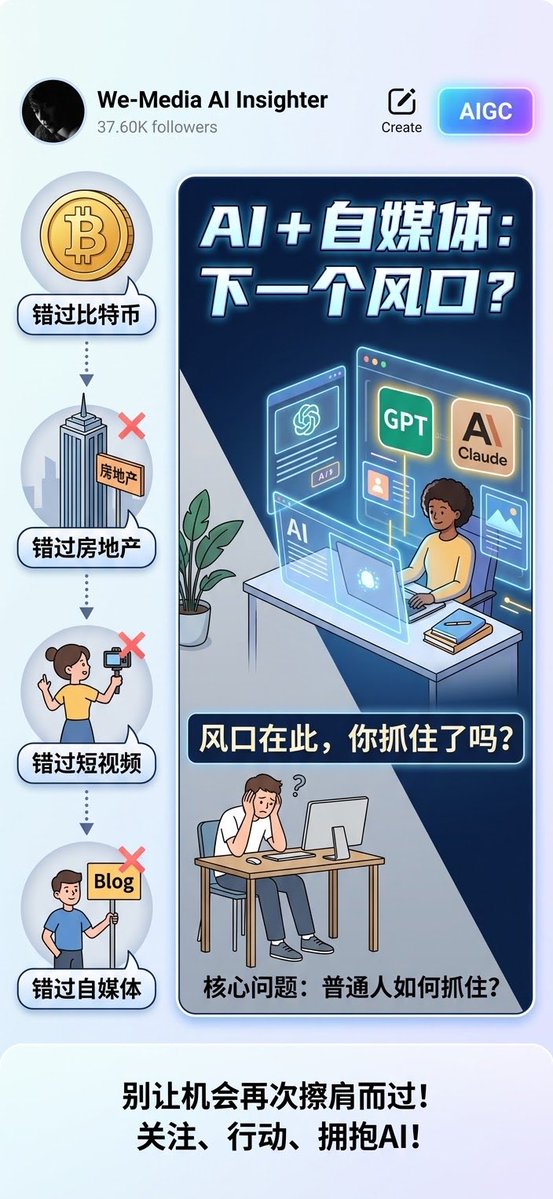 ouy0011's tweet photo. 错过了比特币、错过了房地产、错过了短视频、错过了自媒体，当下人人都知道AI➕自媒体是风口、但问题的关键是普通人怎么抓住、就像在此之前的很多风口你知道你也知道自己可以做到但你抓不住。看看身边普通人又真有几个人能用上GPT、claude呢 https://t.co/ydkb8zfbXT