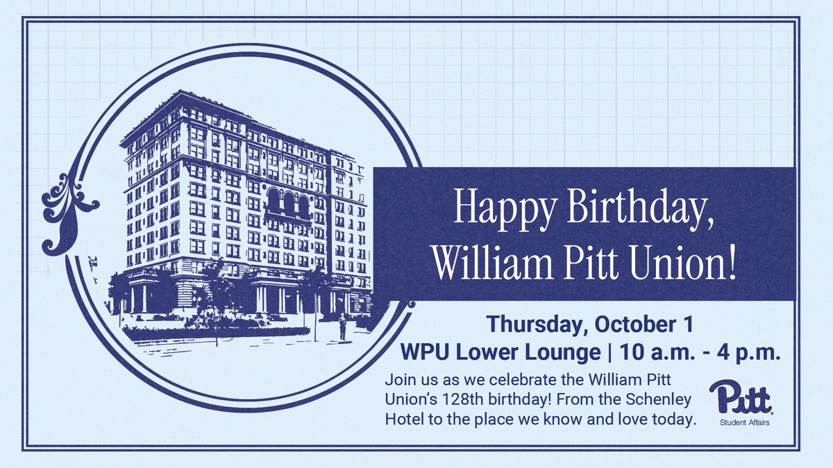PittStudents's tweet photo. Panthers! Help us celebrate our William Pitt Union on its 128th birthday this Thursday from 10 a.m. - 4 p.m. in the WPU Lower Lounge.🥳 🎉 Head to https://t.co/RJtkUyOVUS to learn more! #h2p #pittnow https://t.co/51H3rkzgyH
