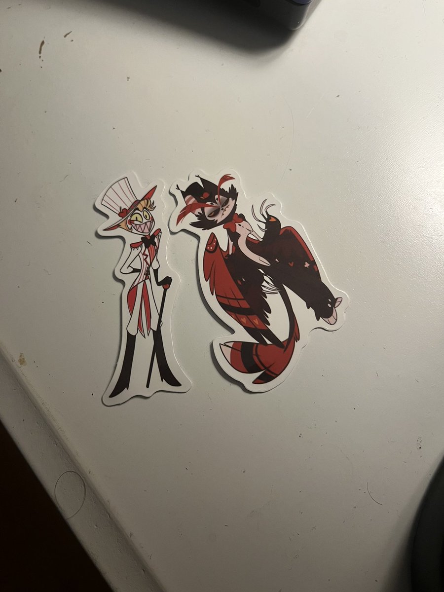 weirdfish6291's tweet photo. I recently got a pack of 50 hazbin stickers from Amazon. And included in it is what I assume is either an old version of Lucifer or a bootleg of him. I also got a sticker of pilot husk  when he had no pants so that’s great https://t.co/O88GAYEyRJ