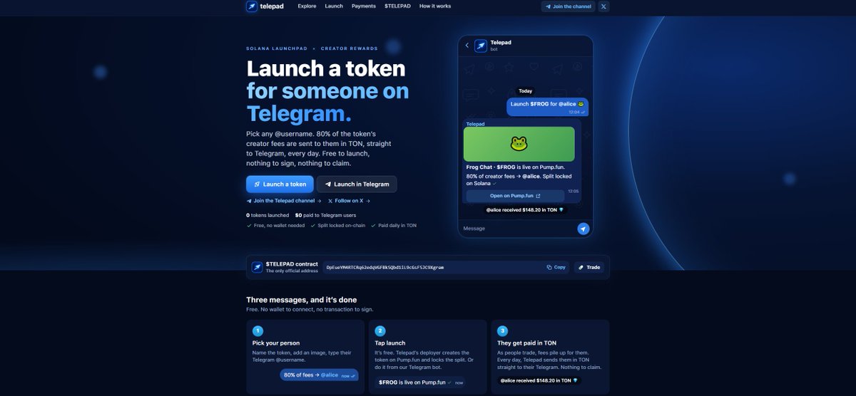 telepad_dev's tweet photo. Directing fees to telegram users, channels or bots is now possible.

No click, no login. fees goes instantly to the user's telegram native wallet.

Deploy your first token paired to a telegram user now →  https://t.co/8nknffo25L

Or via our telegram bot → https://t.co/kCXw48YpMs

80/20 fees model, goes entirely to buybacks and burn of $TPAD

$TPAD CA: DpEueYM4RTCRq62edqVGFBkSQbd1iL9cGsFSJC9Xgram
