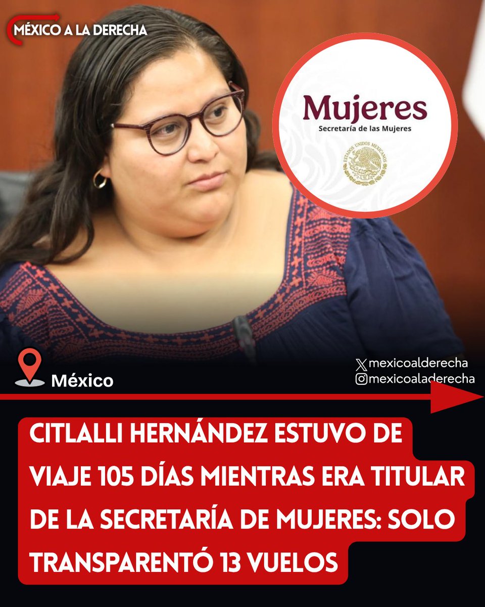 MexicoalDerecha's tweet photo. 🚨🇲🇽/ SE LA PASÓ VIAJANDO Y COBRANDO

La hinchada de Morena, Citlalli Hernández, se la pasó viajando mientras estuvo al frente de la inservible Secretaría de Mujeres.

De los 471 días que fue titular, la Cenadora viajó 105 días y solo transparentó el costo de 13 de ellos. https://t.co/Ft6fGqgaor