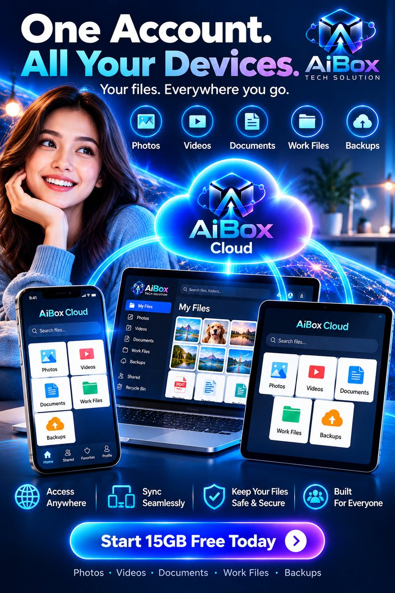 aiboxtoken's tweet photo. One account. All your devices.
Your files should move with you — not stay stuck on just one device.
With AiBox Cloud, you can access your photos, videos, documents, work files, and backups from your phone, tablet, and laptop using one account.
✅ One account across all your devices
✅ Sync your files seamlessly
✅ Access anywhere, anytime
✅ Keep your important files safe
✅ Start with 15GB Free
Wherever you go, your files go with you.
Start your 15GB Free today with AiBox Cloud.
https://t.co/XpKoIrc83O
#AiBoxCloud #CloudStorage #FileSync #WorkAnywhere #DigitalStorage #CloudBackup #SyncAcrossDevices #TechSolution #AiBox #Productivity