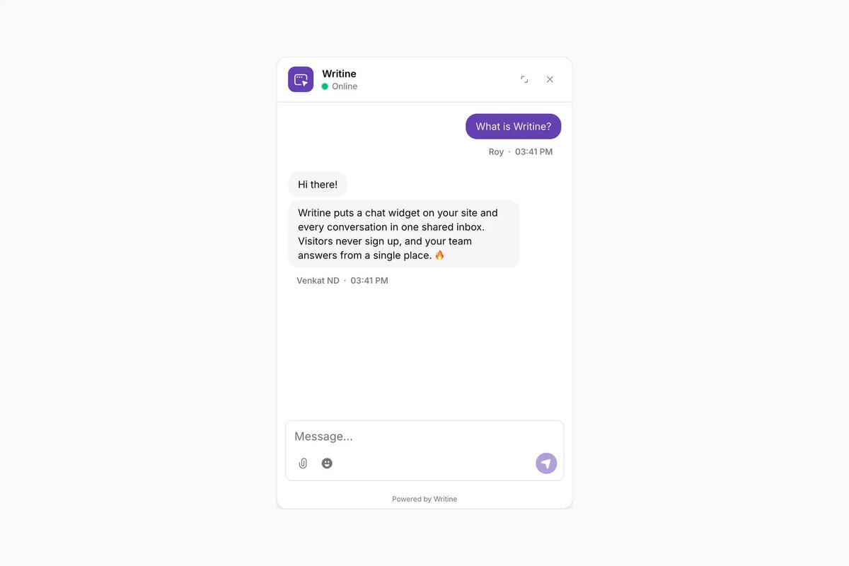 writinecom's tweet photo. You don’t need another AI chatbot.

You need to talk to the people on your website.

One chat widget.
One shared inbox.
Your team replies.

No AI. No complexity.

Just conversations that convert. https://t.co/hpnRqZGoMN