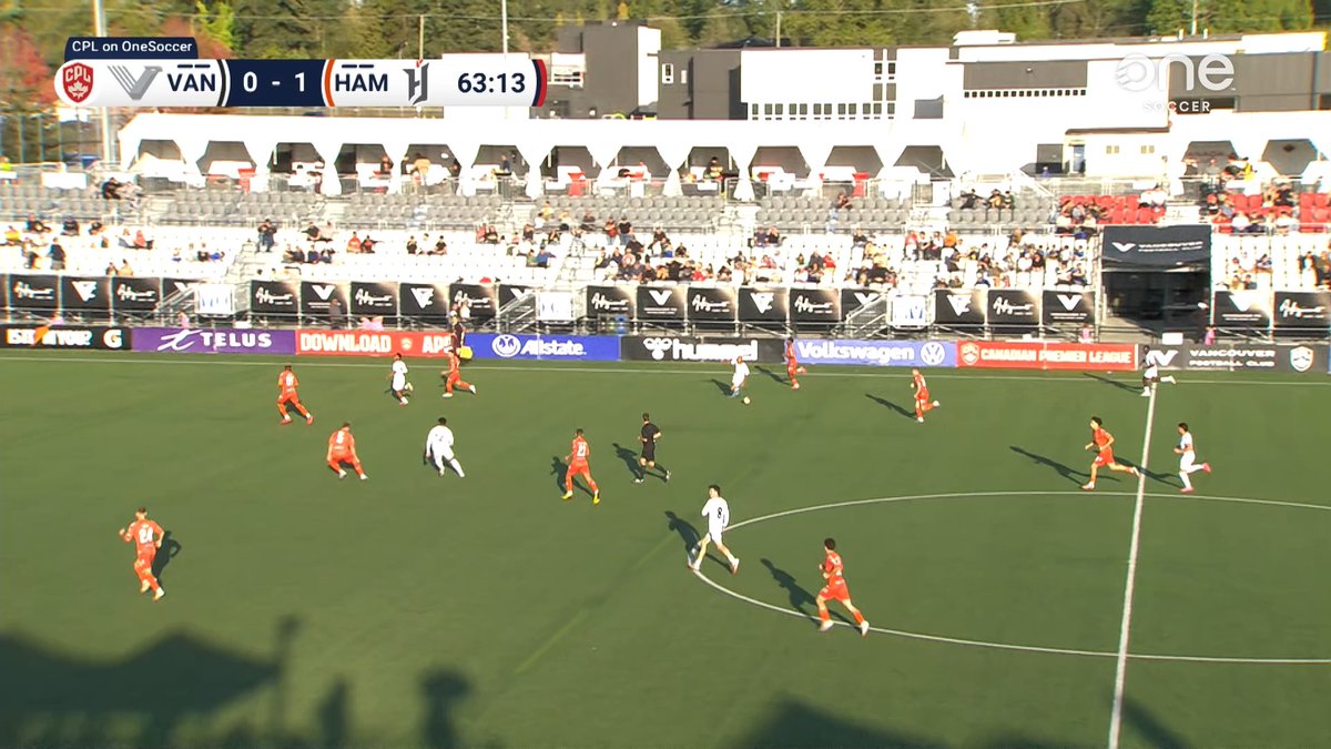 A soccer match broadcast screenshot shows Vancouver (VAN) trailing Hamilton (HAM) 0-1 at 63:13 in a Canadian Premier League game on OneSoccer, with players in orange and white kits on the field.