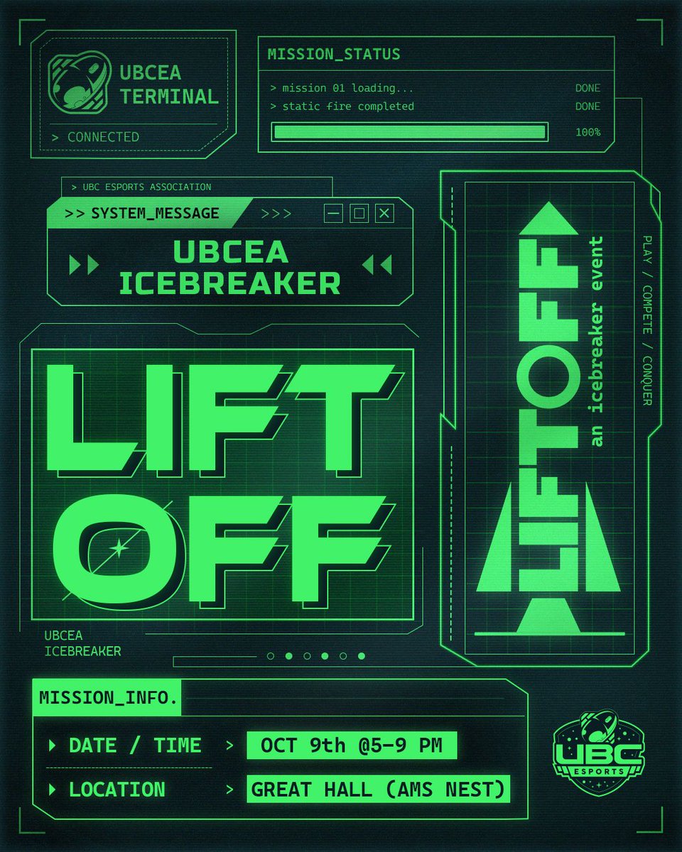 ubcesports's tweet photo. 🚀 LIFTOFF IS COMING! 🚀
Following Static Fire, it’s time to get ready for LIFTOFF.
Join UBCEA's annual icebreaker event for an evening of games, community, and more!
📅 Friday, October 9th
🕔 5:00 PM – 9:00 PM
📍 Great Hall, AMS Nest
Stay tuned for more details!
#UBC #UBCEA https://t.co/NjeltIIGcP