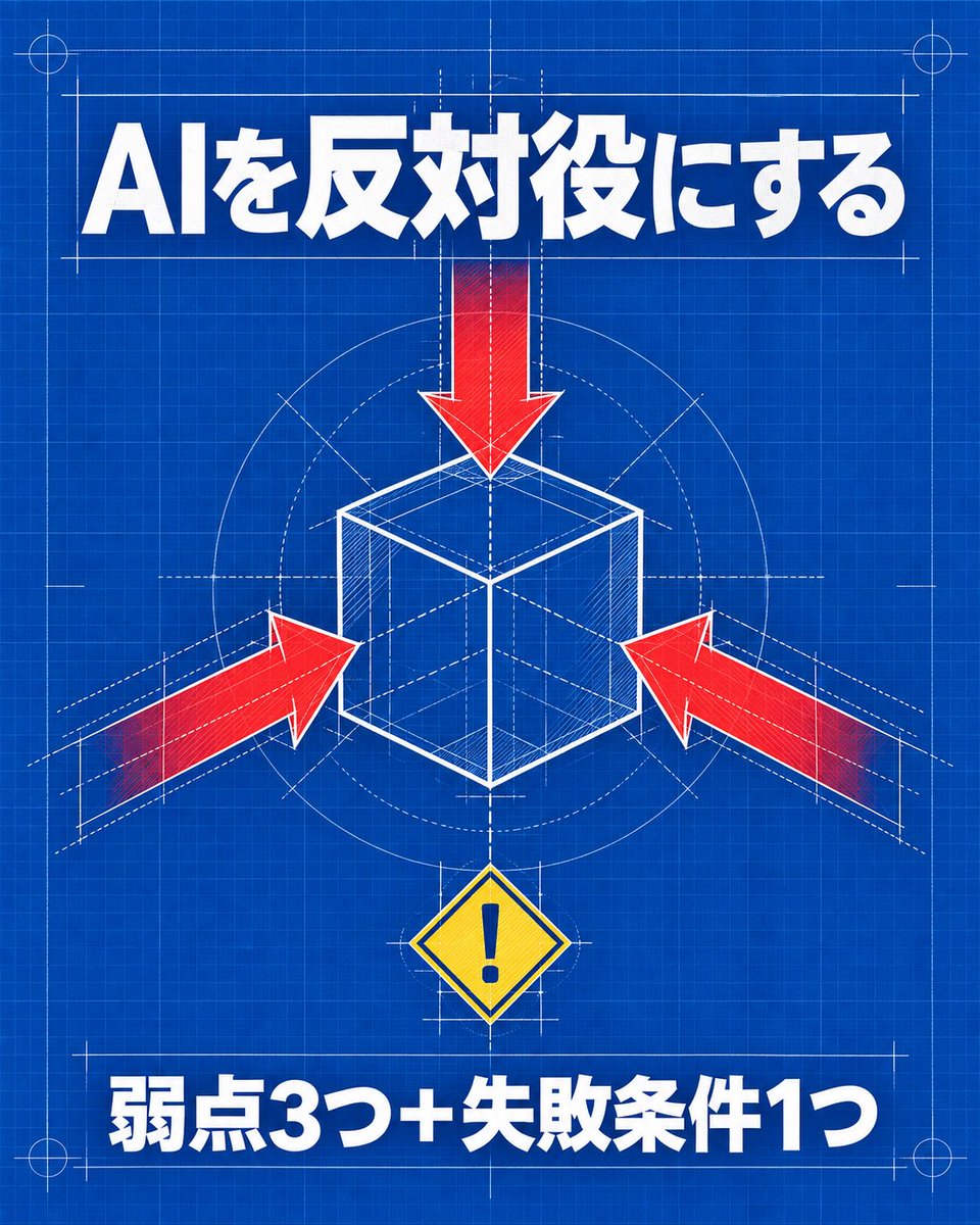 AIrakuken's tweet photo. AIは、意外と賛成してくれやすい。

企画や買い物で迷ったら、

「この案に賛成しないで。
弱点を3つ、失敗する条件を1つ挙げて」

と送る。

褒めてもらうより、
穴を探してもらう方が判断材料になる。
最後に決めるのは自分。

#AI #ChatGPT #AIラクする研究所 https://t.co/GllpTT0rwc