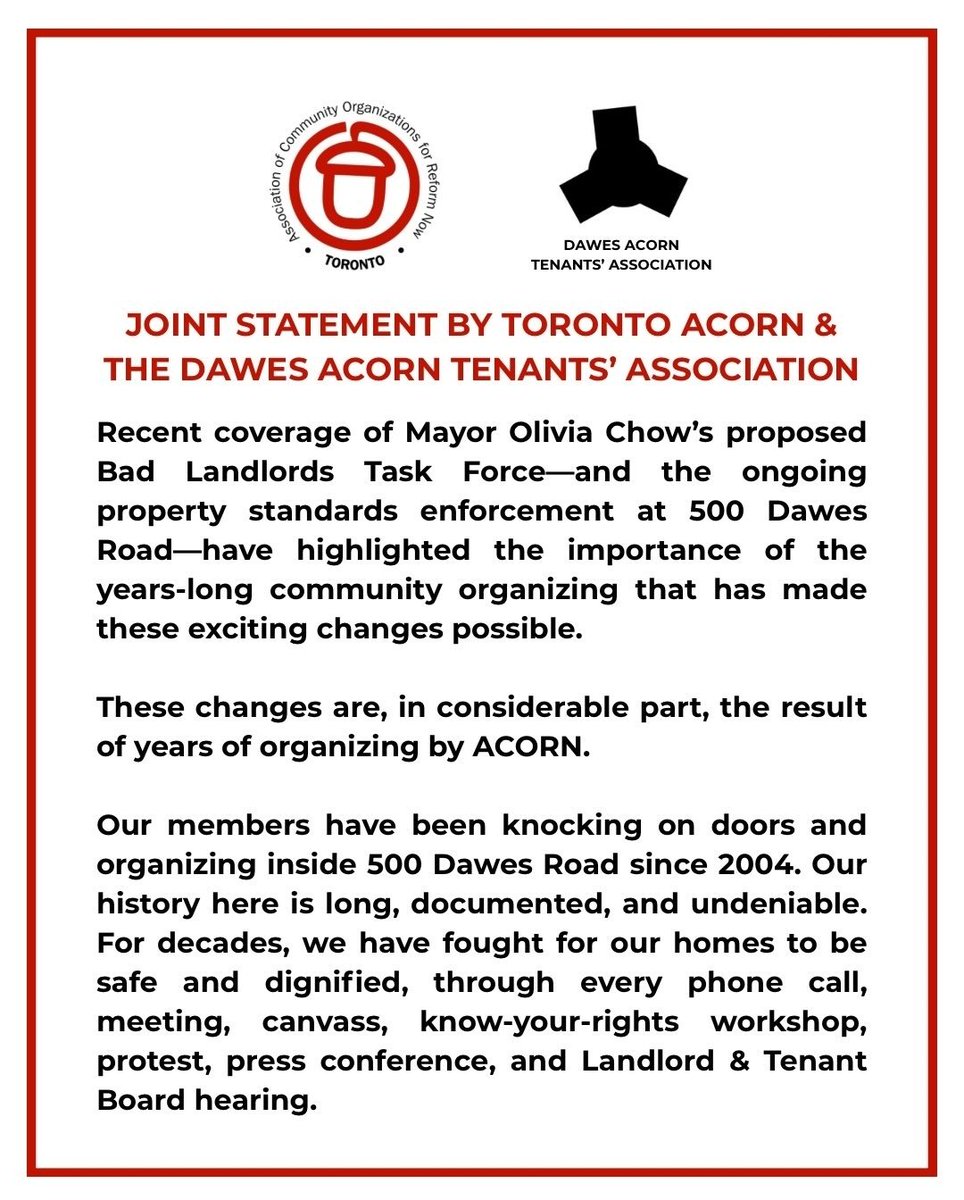 DawesTenantsTO's tweet photo. Our Joint Statement with @TorontoACORN re the hard work of real tenant advocates, organizations, &amp; politicians in solving maintenance issues at 500 Dawes Rd &amp; throughout the City

The current councillor for Ward 19 (Beaches-East York) was never a meaningful force in this regard https://t.co/AwHbSCczKD