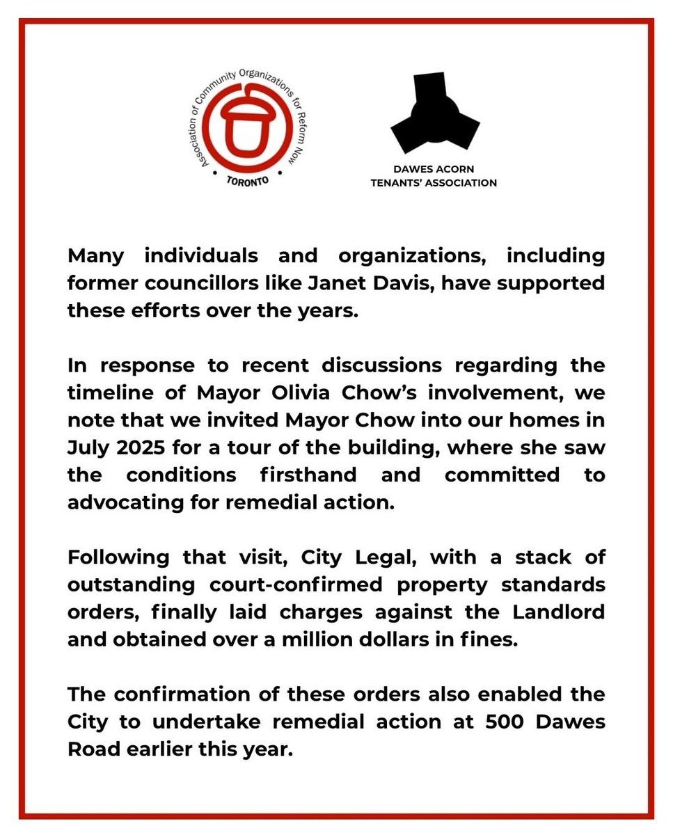 DawesTenantsTO's tweet photo. Our Joint Statement with @TorontoACORN re the hard work of real tenant advocates, organizations, &amp; politicians in solving maintenance issues at 500 Dawes Rd &amp; throughout the City

The current councillor for Ward 19 (Beaches-East York) was never a meaningful force in this regard https://t.co/AwHbSCczKD