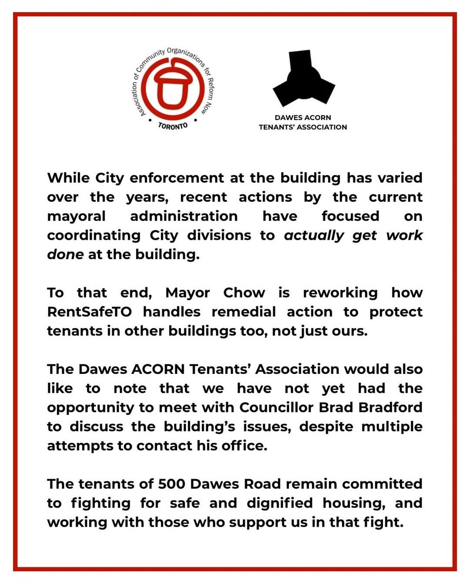 DawesTenantsTO's tweet photo. Our Joint Statement with @TorontoACORN re the hard work of real tenant advocates, organizations, &amp; politicians in solving maintenance issues at 500 Dawes Rd &amp; throughout the City

The current councillor for Ward 19 (Beaches-East York) was never a meaningful force in this regard https://t.co/AwHbSCczKD