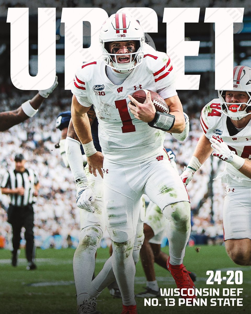 ESPNCFB's tweet photo. WISCONSIN DEFEATS NO.13 PENN STATE FOR THE FIRST TIME IN 15 YEARS 🔥

It's the Badgers' first win at Happy Valley since 2003. https://t.co/oesAFTbaN1