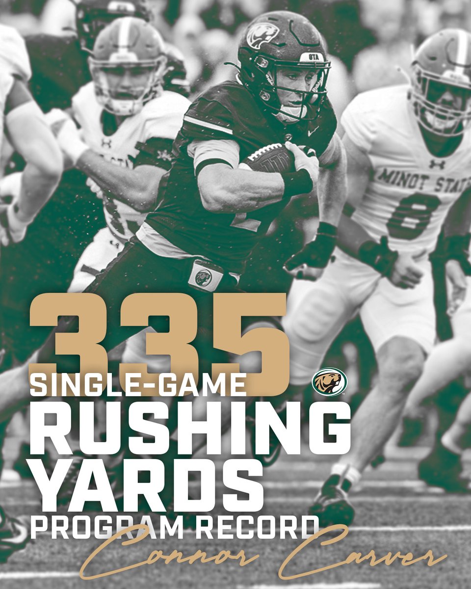 BSUBeaversFB's tweet photo. RECORD. BROKEN. LAKE. CONQUERED. ๐
335 yards. 4 TDs. @ConnorCarver3 takes the BSU record for most rushing yards in a single game.
#GrindTheAxe #BeaverTerritory https://t.co/13281OTuoL