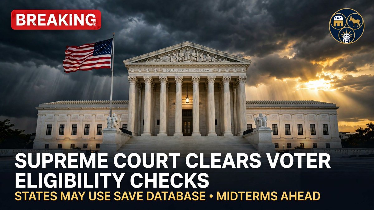 UnitedPartiesX's tweet photo. 🏛️ BREAKING: The Supreme Court just cleared states to use the SAVE database for voter eligibility checks ahead of the midterms.

Supporters call it election integrity. Critics warn eligible voters could get flagged.

Where do you stand — security or access? 👇 https://t.co/8cK0pUhPqz