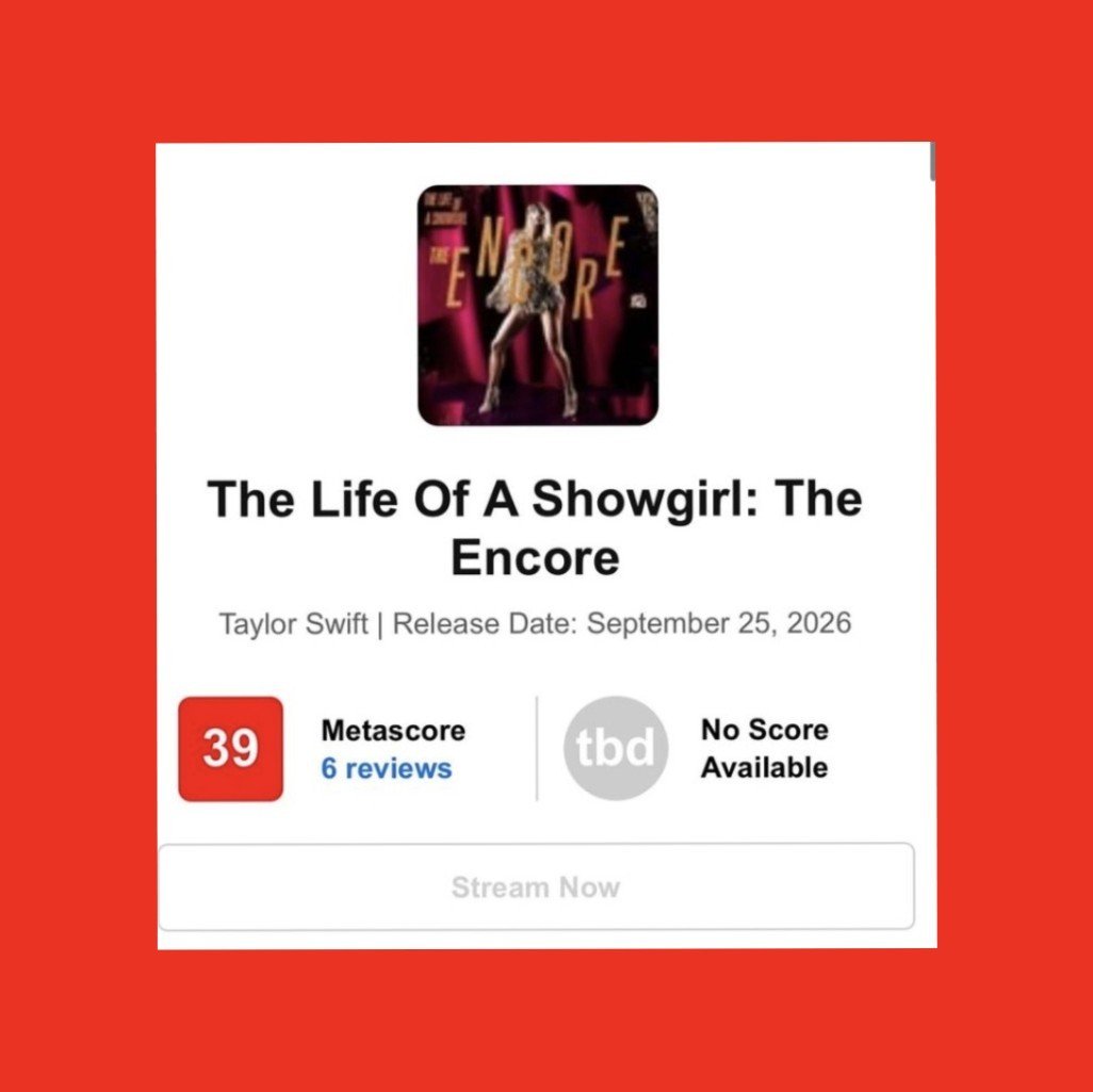 AllPop_BR's tweet photo. 🚨💿 AGORA! Taylor Swift tem oficialmente o seu primeiro álbum VERMELHO no metacritic, com o disco deluxe "The Life of a Showgirl: The Encore". https://t.co/uW12JNorJs