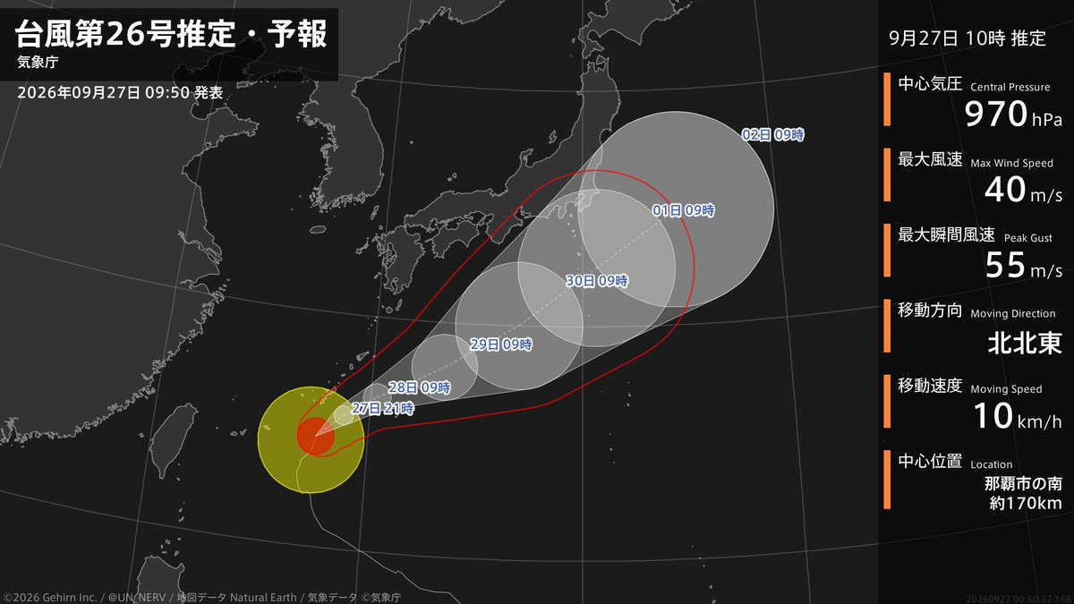 UN_NERV's tweet photo. 【台風第26号推定・予報 2026年09月27日 09:50】
強い台風第26号（スリゲ）は、那覇市の南約170kmを1時間に10キロの速さで北北東に進んでいるとみられます。 https://t.co/F1td9J65Pc