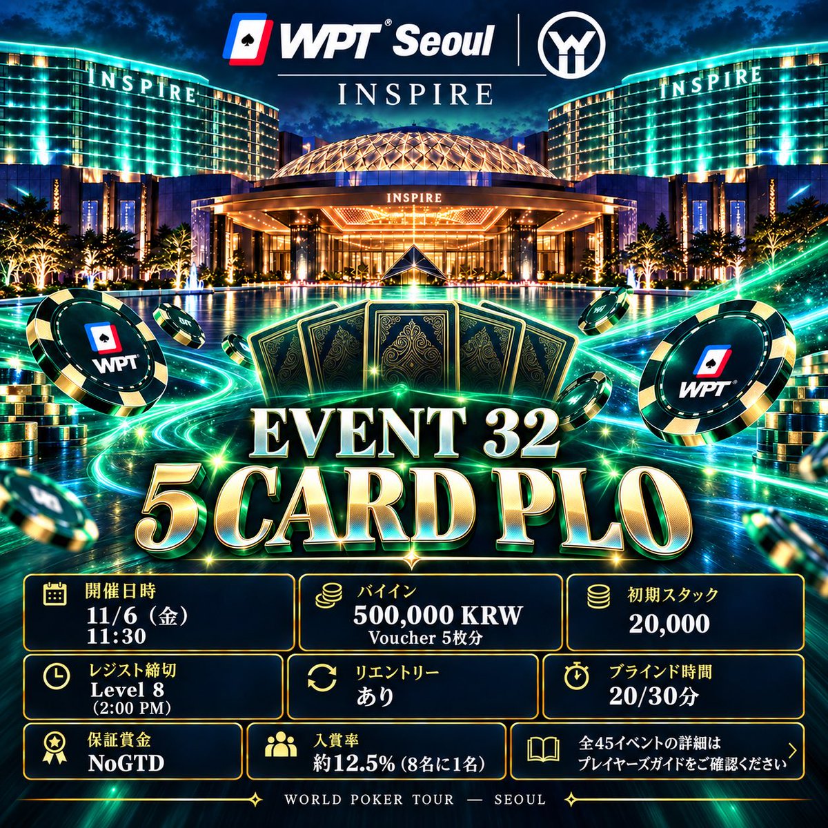 WPT_JPN's tweet photo. 【EVENT 32｜5 CARD PLO】

4枚では物足りない方へ。

5枚のホールカードから、どの2枚を選んで勝負するか。選択肢が増えるからこそ、ハンドの強さを見極める力と相手のレンジを読む力が問われる、奥深いゲームです。

20〜30分ブラインドで、
じっくり楽しめる5 CARD PLO。
世界から集まるプレイヤーとの大きなポットを巡る駆け引きを、@wptseoul  で味わってみませんか？

#WPTSEOUL
#日本から世界へ挑戦の時は今