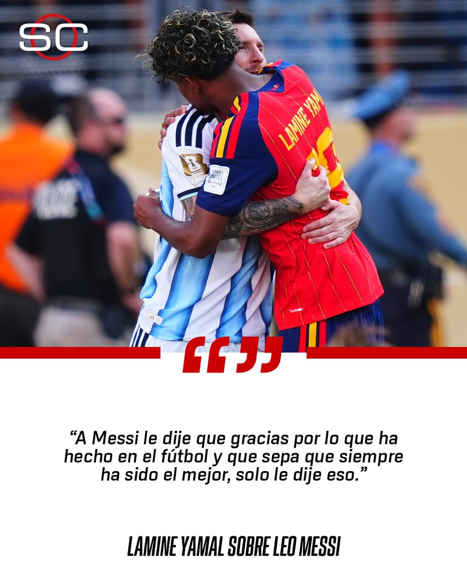 SC_ESPN's tweet photo. 👏🇪🇸🇦🇷 ¡UNO DE LA IMAGENES DE LA COPA DEL MUNDO! Lamine Yamal reveló qué le dijo a Leo Messi tras la Final del Mundial en Nueva York.

🎙️ @guardian https://t.co/dyLgpVhZ12