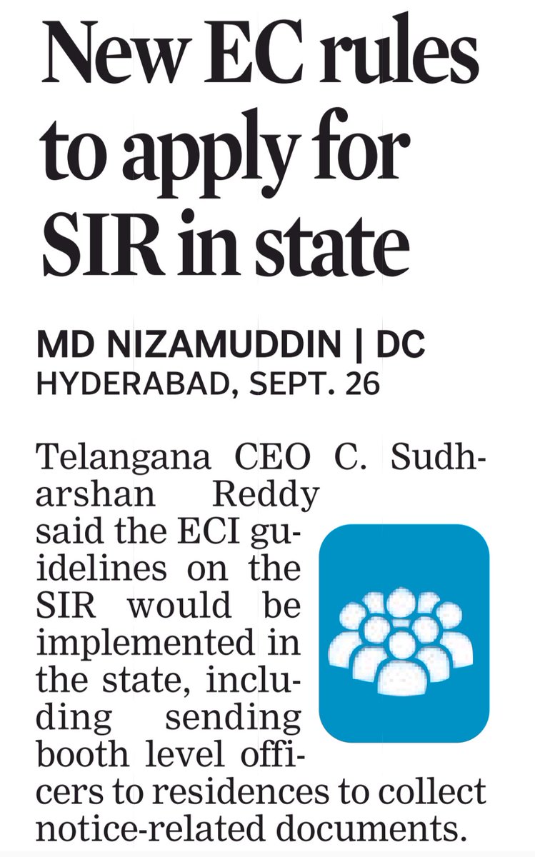 NizamJourno's tweet photo. #SIR in #Telangana

ℹ️ @CEO_Telangana said the fresh  @ECISVEEP guidelines will be implemented in State, including sending BLOs to residences to collect notice‑related documents.

ℹ️ Speaking to @DeccanChronicle Sudarshan Reddy confirmed instructions were being issued to all poll staff.

https://t.co/QT7eV8a4Ru